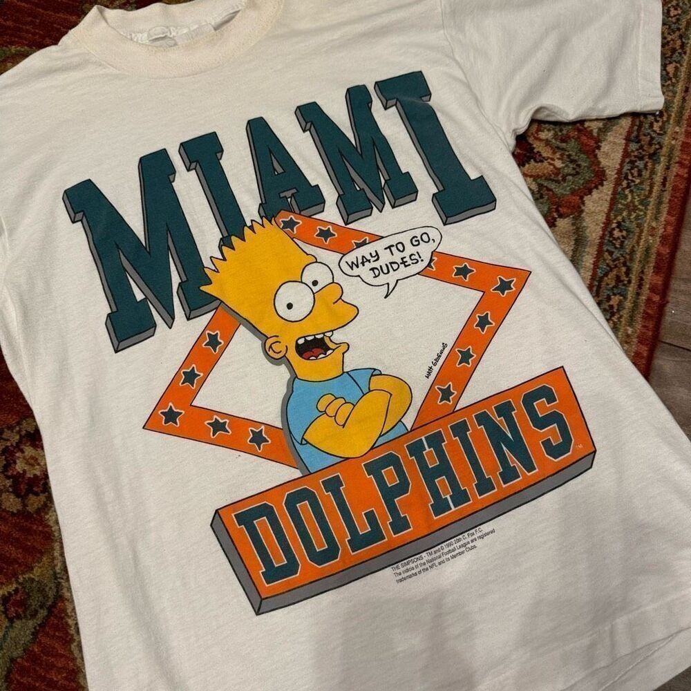 Vintage 1990 Bart Simpson Miami Dolphins Graphic Tee T-shirt Men Large NFL Footb
